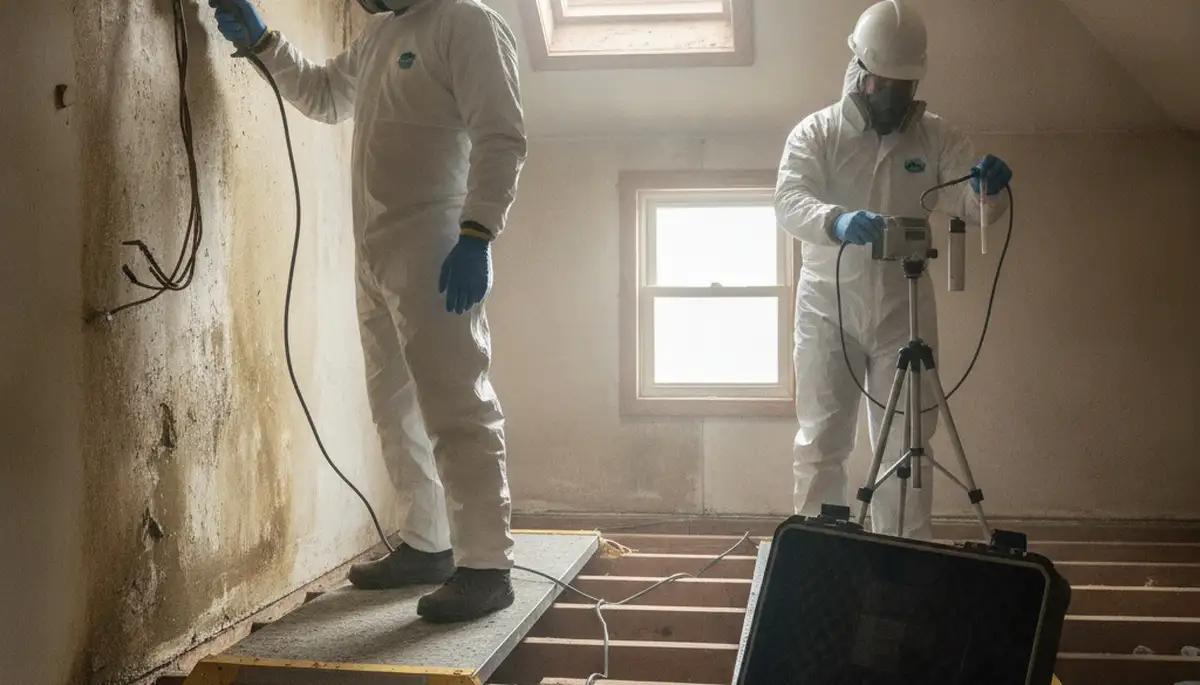 Mold inspection technician checking hidden water damage in Clovis, CA home