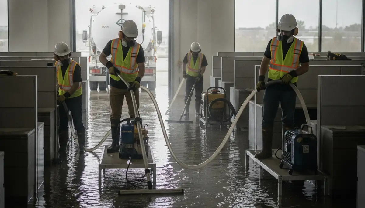 Water extraction crew removing standing water in Clovis, CA home after flooding